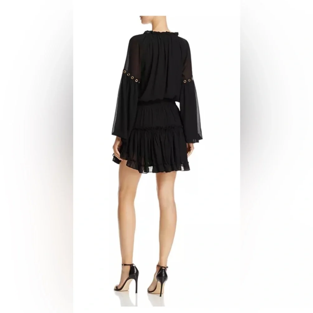 Misa Los Angeles Black Long Sleeve Smocked Ruffle Mini Dress w Gold Details Sz S - Picture 3 of 7